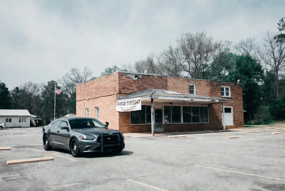 A small Mississippi community center with visible damage to one corner, a bingo banner still hanging crookedly above the entrance.